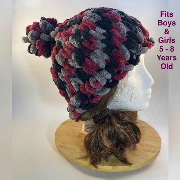 Handmade Kid’s Soft & Cozy Winter Hat With Loopy Pom-Pom - Cranberry/Gray/Black - Picture 1 of 9